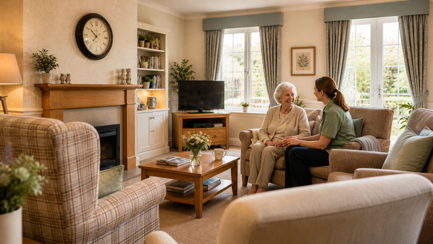 Caregiver warmly helping an elderly resident